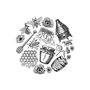锅 背景复古黑白蜂蜜主题矢量插图插画