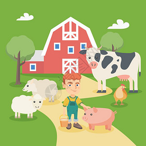 在农场里与猪绵羊牛和鸡站在一起时带着桶的农场男孩矢量图图片