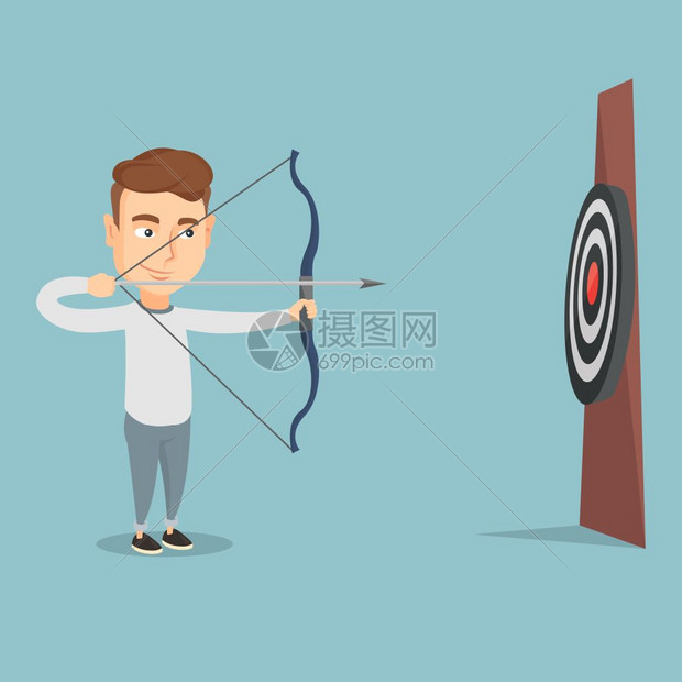 瞄准靶心射箭的男青年卡通矢量插画