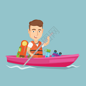 在河上骑着皮艇的年轻旅行者 图片