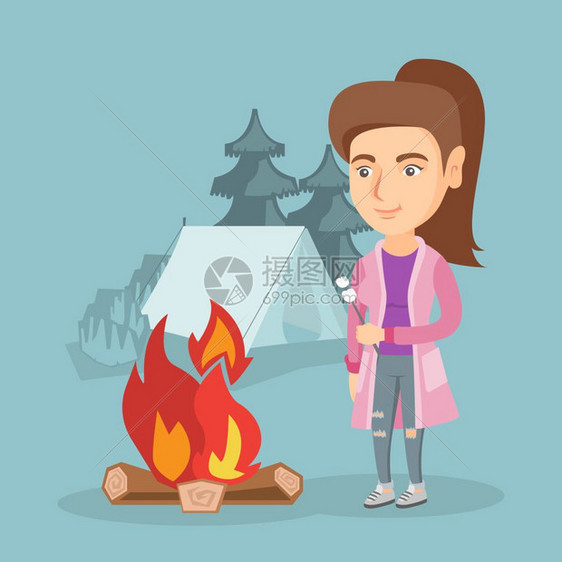 女人营地前在篝火旁吃棉花糖插图图片