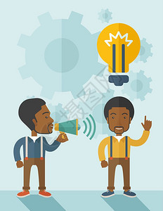 两个非洲裔美国人的扩音器和灯泡显示他们一起有商业计划团队精神概念一种当代风格面盘调色板软蓝有背景矢量平面设计图示垂直布局黑人男子图片