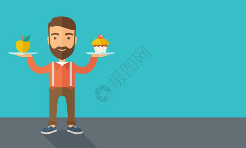 causinhter年轻男子携带两只手蛋糕和苹果作为平衡饮食一种当代风格面盘色深蓝有背景矢量平面设计插图水平布局右侧有文字空间男图片
