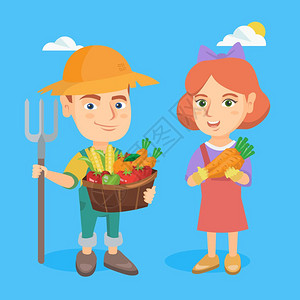 手持水果和蔬菜篮子的小男孩和手持新鲜成熟胡萝卜的小女孩矢量图图片