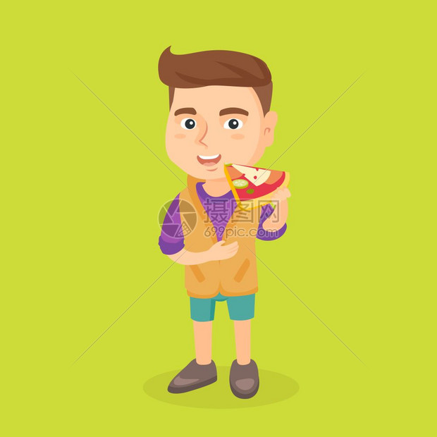 一个小男孩右手拿着披萨左手摸着肚子图片