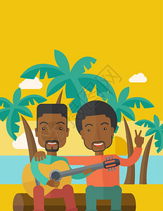 两个快乐的非裔男人坐在木头上在海滩弹吉他图片
