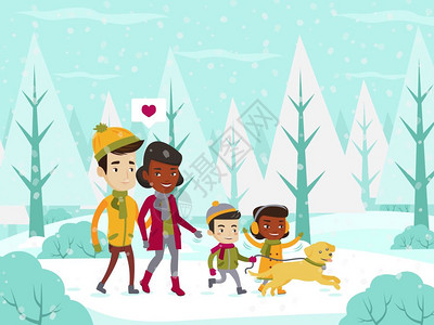 一家人冬天在林间玩耍插图图片