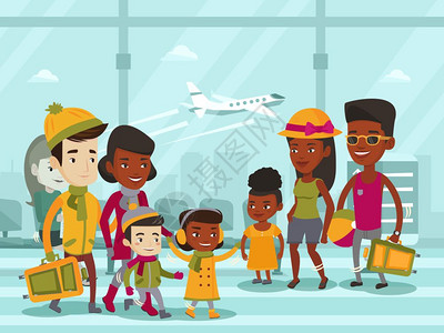 在机场一家人旅行乘坐飞机手绘插画高清图片