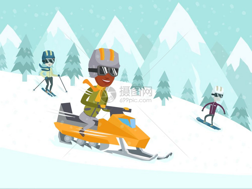 在冬季山上骑雪车滑和关于自然冬季假日运动概念的娱乐活矢量漫画插图