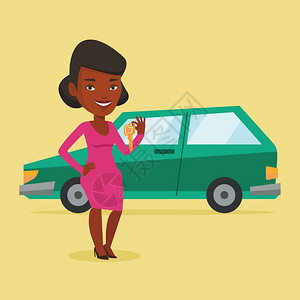 年轻非洲快乐女孩新车钥匙矢量平面设计图图片