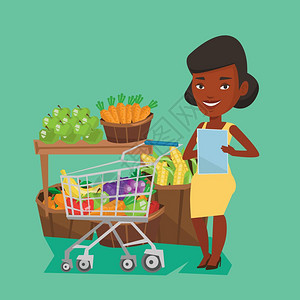 使用购物清单在超市采购的非洲妇女卡通矢量插画图片