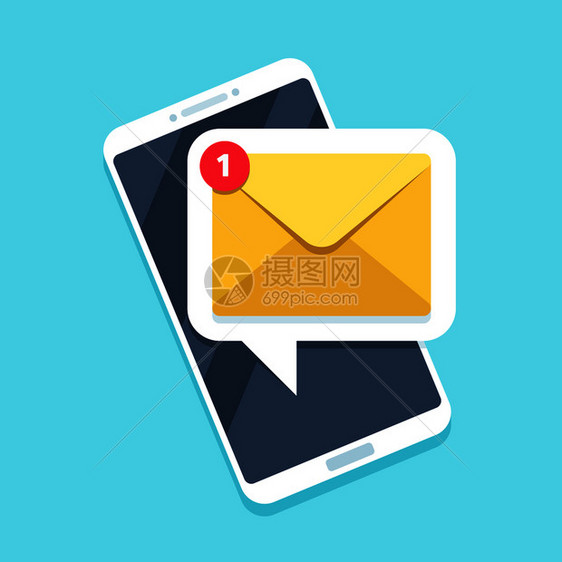 智能手机sm图标或邮件提醒通知在移动电话或子通讯上发出提醒邮件图片
