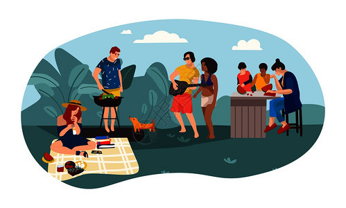 卡通夏季户外活动父母和儿童共度野餐矢量插画图片