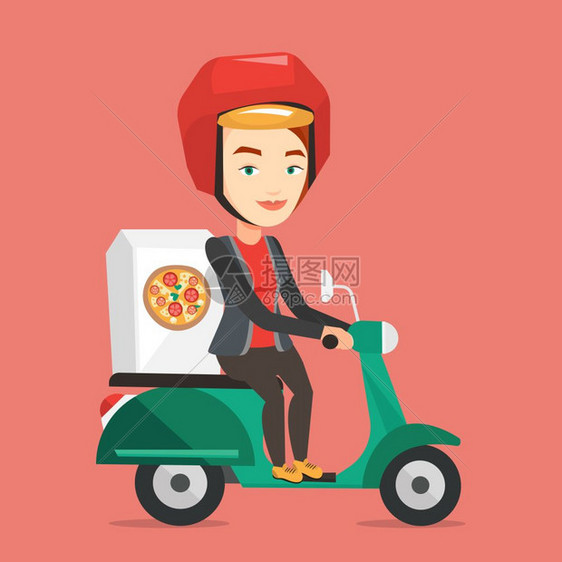 妇女用摩托车送披萨图片