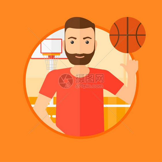 站在篮球场上用手旋转篮球的男篮球运动员卡通矢量插画图片