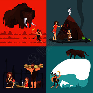 古史前代人类和工具洞穴矢量漫画集中的原始人古史前洞穴人古代长矛猎杀无鼻动物石器时代概念背景图片
