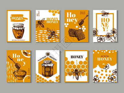 手工绘制蜂蜜海报天然包装配有窝和矢量设计蜜和窝插图成套食品甜味海报图片
