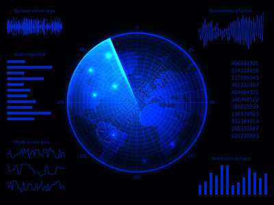 军用蓝色雷达与声纳图表和控制要素的阵列接口虚拟显示矢量屏幕声纳雷达导航监测器界面图解虚拟显示矢量屏幕背景图片