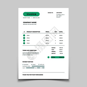 附有数据表的商业帐单纸簿记账服务文件报价矢量设计付款发票账户融资和税务说明发票表格模板报价账务和税说明报价矢量设计背景图片