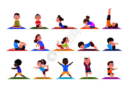 做瑜伽的可爱小孩扁平风卡通矢量插画背景图片