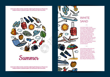 矢量手绘夏季旅行要素传单或小册子模板和海报图示图片