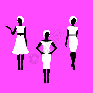 时尚女模的剪影设置在各种姿势的法式服装时尚女法式模特剪影插画