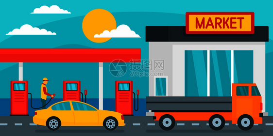 具有市场背景的加油站矢量图图片