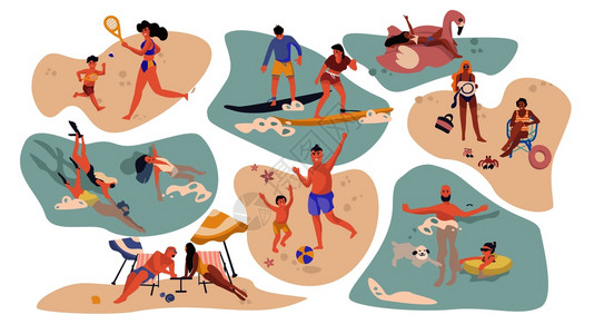 暑假海滩活动的卡通人物矢量元素图片