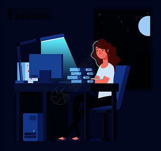 妇女夜间工作不快乐的强调女晚间辛勤工作带有文件和计算机载体概念女工夜间作加班和不愉快的插图乐强调女晚间辛劳工作加班和不愉快的插图背景图片