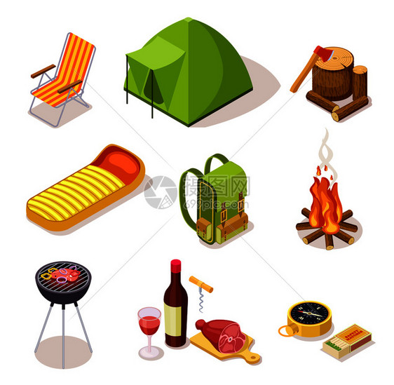 夏季野餐壁炉旅游设备帐篷3d矢量图图片