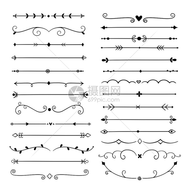 线条设计元件陈年边框书写式或内装饰变换分隔器矢量设置纤维书法装饰式陈年插图手画式分割器变换图片