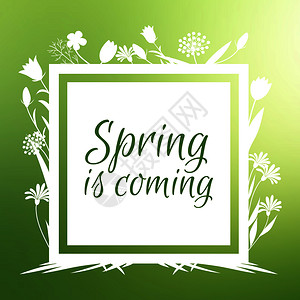 春天即将到来横旗矢量设计上面有鲜花的光影插图在绿色上隔离春天即将到来上面有花的光影设计背景图片
