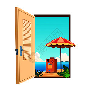 通往海滨沙滩太阳伞行李箱的门背景图片