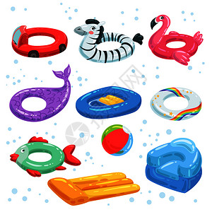 各种用于水上乐园的橡胶设备可充气玩具矢量图图片
