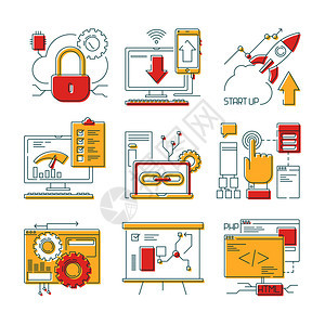 网络在线工具移动和网络开发数字代码和设计矢量开发网站和络编码管理软件插图网站线标图片