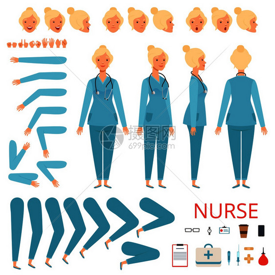 医院女生身体部和专业用品病媒吉祥物创建工具包护士和医疗品学动画专业图例护士动画特征图片