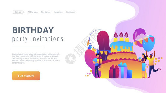生日派对用品邀请计划概念网站充满活力的紫罗兰登陆网页模板生日派对概念登陆页面图片