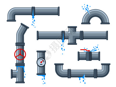 管道矢量漏水管断裂塑料漏水管插画