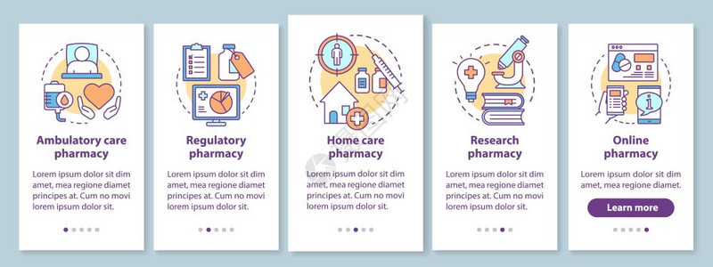 配有线概念的移动应用程序页面屏幕上的流动和家庭护理药房物研究5个步走骤图形指示uxi带有插图的gui矢量模板图片