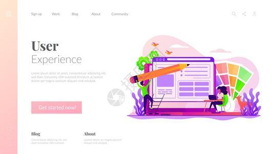 设计师团队与笔记本电脑合作创建应用程序网络设计用户界面经验概念网站主页头登陆网模板设计着陆模板充满活力的高清图片素材