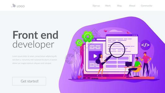 网络设计师和编程员团队网络设计师创建内容的字符前端开发器网站界面编码和程概念图片