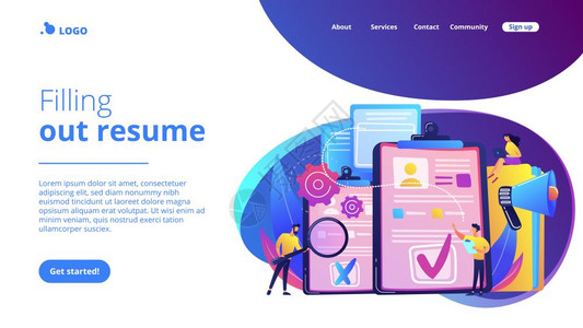 使用履历放大镜和扩音器雇用新员的公司hr管理人员雇用填写履历雇用过程概念网站充满活力的紫外线着陆网页模板雇用员概念着陆页图片