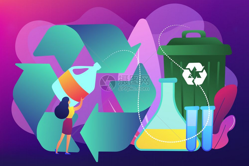 妇女企业回收塑料清洁剂瓶以生产化学品回收塑料方法聚合废物再利用概念活跃的紫外线病媒隔离明亮说化学再循环概念矢量说明图片