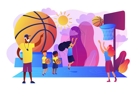 青少年打篮球夏令营教练和孩子打篮球插画