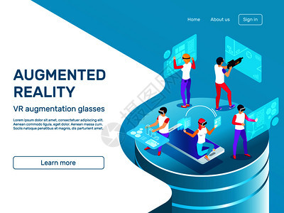 Vr数字扩增眼镜虚拟游戏技术信息地理概念矢量插图等度3人学习和工作于增强现实耳机移动工具vr扩增眼镜矢量插图图片