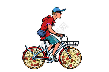 提供比萨饼自行车信使服务流行艺术反向矢量说明图披萨交货图片