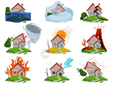 台风卡通破坏和灾害龙卷风洪水台风地震火山毁坏的房屋插画