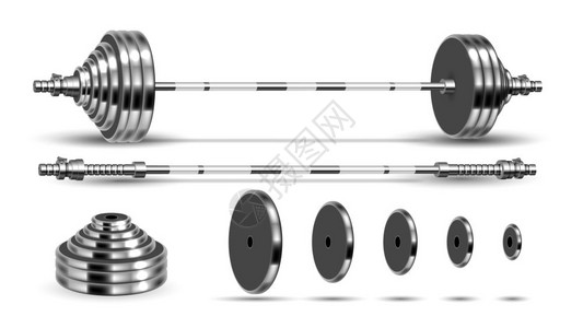 灰色金属条铃重量板坚硬肌肉体育设备细节电动提升模板符合实际的3d插图背景图片