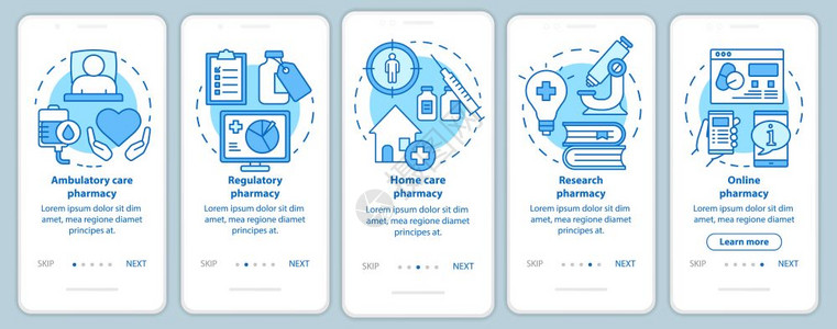 配有线概念的移动应用程序页面屏幕上的流动和家庭护理药房物研究5个步走骤图形指示uxi带有插图的gui矢量模板图片