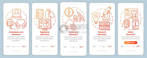 使用移动应程序网页屏幕矢量模板的移动应用程序流和家庭护理药房物研究带有线插图的通过网站步骤uxig智能手机界面概念图片